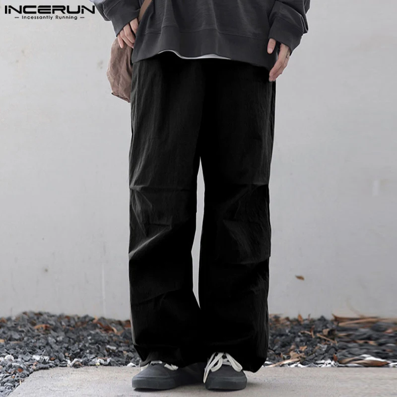 

INCERUN Men Pants Solid Drawstring Joggers Loose Fashion Casual Trousers Men Korean Streetwear 2024 Pleated Fashion Long Pants