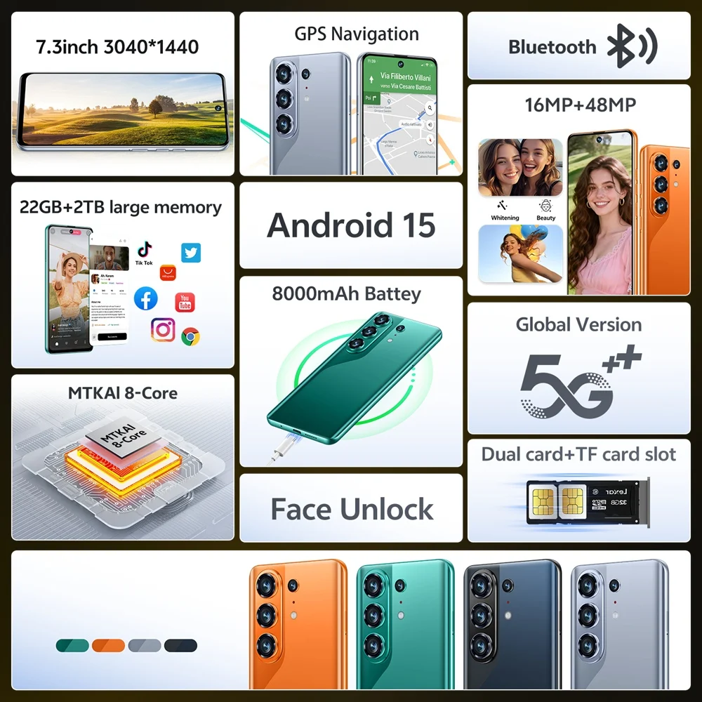 K-Touch Smartphone 5G C27 Ultra Mobile Phones Android Cell Phone Face Unlock 22GB+2TB Smartphone 7.3inch HD 5G Dual SIM 8000mAh Battery Mobile Phone