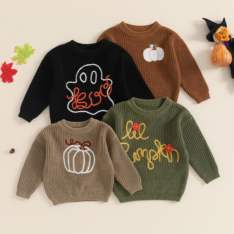 Maglione lavorato a maglia di Halloween per bambini Casual zucca/ricamo fantasma caldo Pullover a maniche lunghe maglieria infantile per bambini e