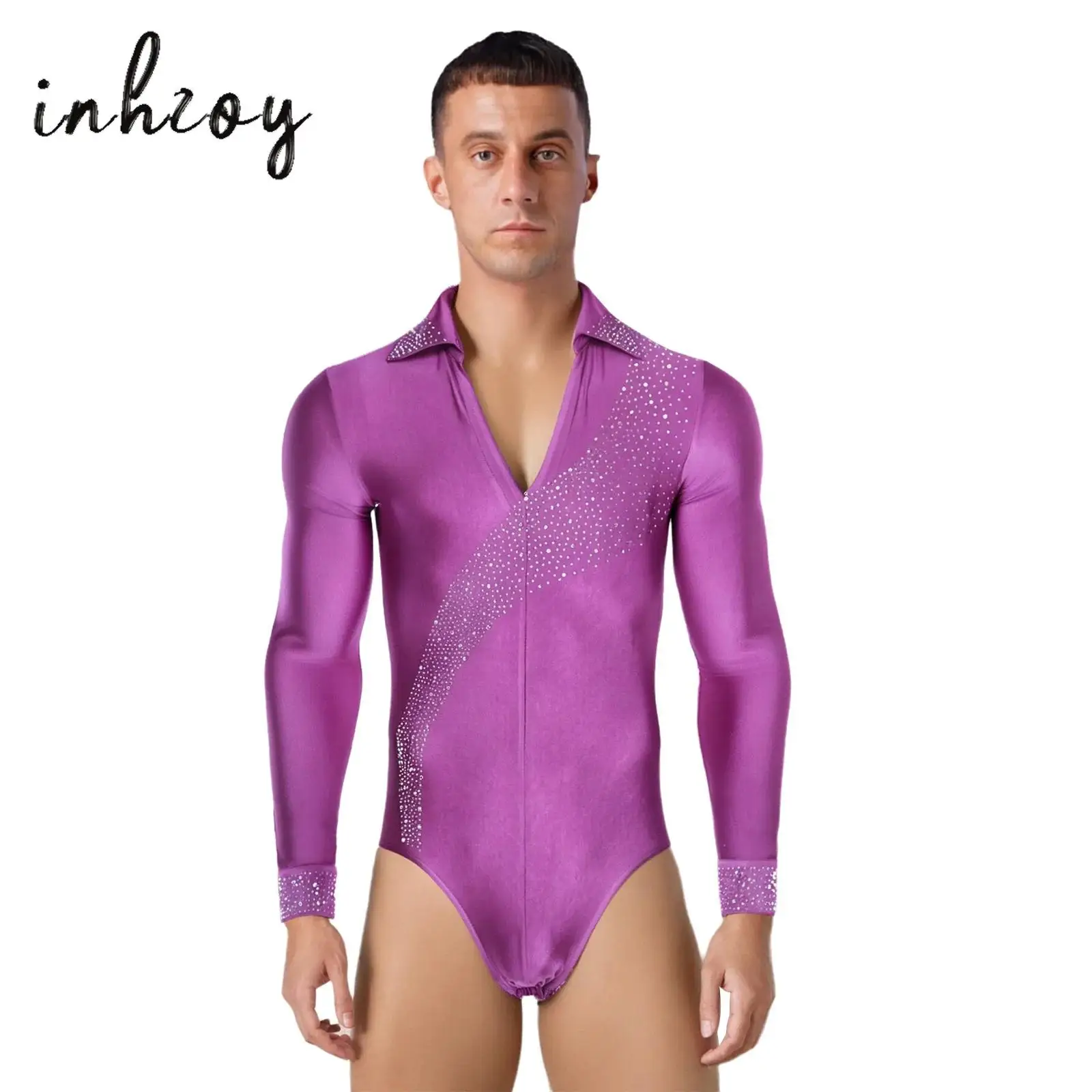 

Mens Latin Dance Bodysuit Shiny Rhinestones Turn-Down Collar V Neck Long Sleeve Press Button Crotch Dance Leotard for Gymnastics