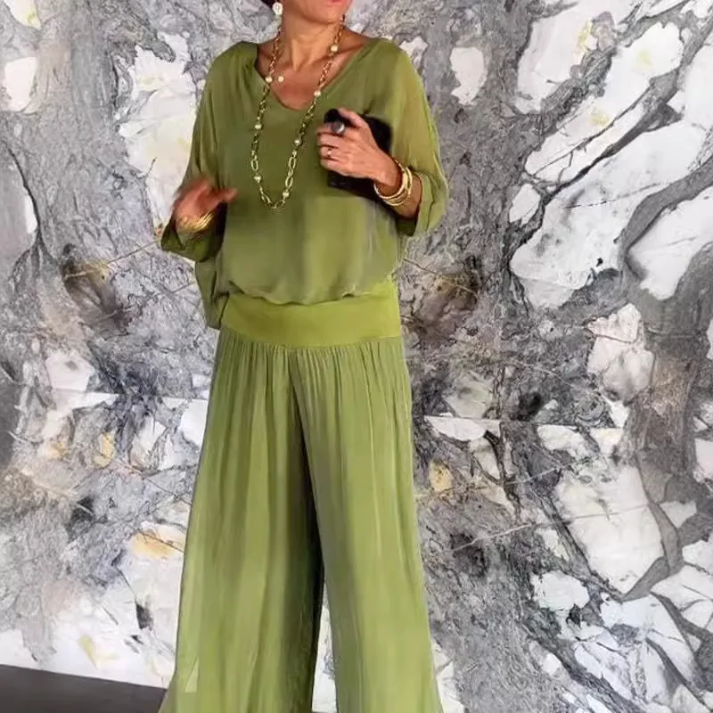 

Women's Loose Pajama Set V Neck Chiffon Solid Ladies Sleepwear with Wide Leg Pants Half Sleeve Summer Pijama Suit for Female