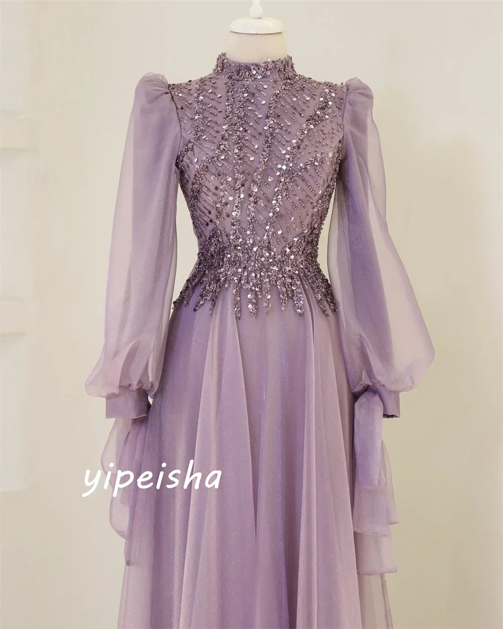 Customized Elegant And Shiny High Neck Organza Dress With Sequins, Luxurious Dress, Showcasing Aristocratic Style Nique Design,