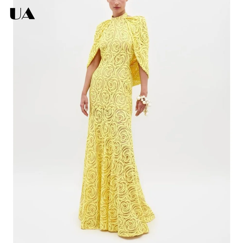 

Elegant Lace Hollow Out Backless Maxi Dress, Fashionable Half-high Neck Prom Dresses for Women, Trendy Solid Lace-up Long Dress