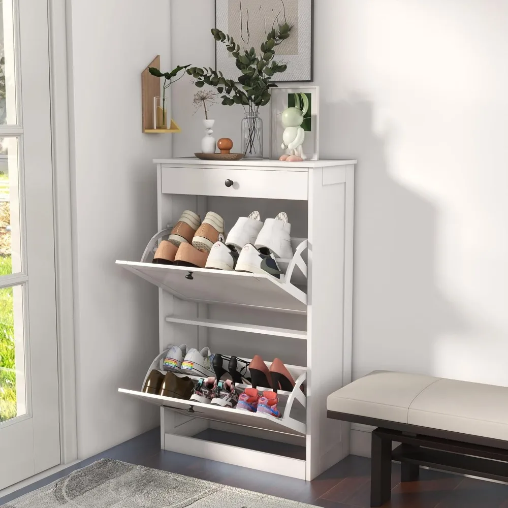 

Shoe Cabinet with 2 Flip Drawers, Slim Freestanding Hidden Shoe Organizer with Drawer, Pet-Proof Shoe Storage Cabinet for Entryw