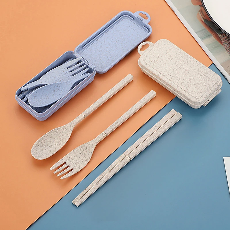 4pcs Portable Wheat Straw Fork Cutlery Set Foldable Folding Chopsticks Cutlery Set With Box Travel Kitchen Accessories