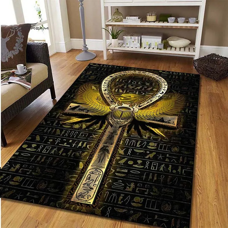 VIKAMA Ancient Egyptian Anka Totem Printed Large Carpet, Washable Floor Mat for Living Room and Bedroom Home Decor