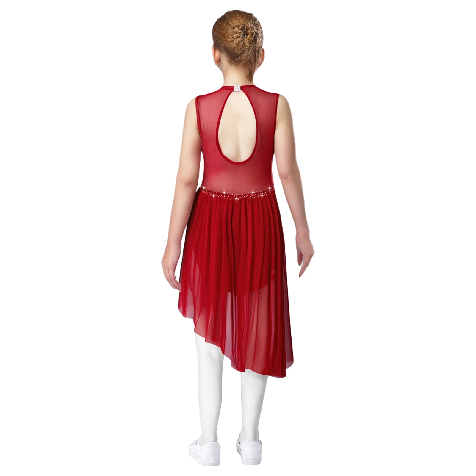 New Girls Sleeveless Ballet Jersey Lyrical Contemporary Dance Costume Rhinestone Mesh Leotard Kids Figure Ice Skating Dance Wear