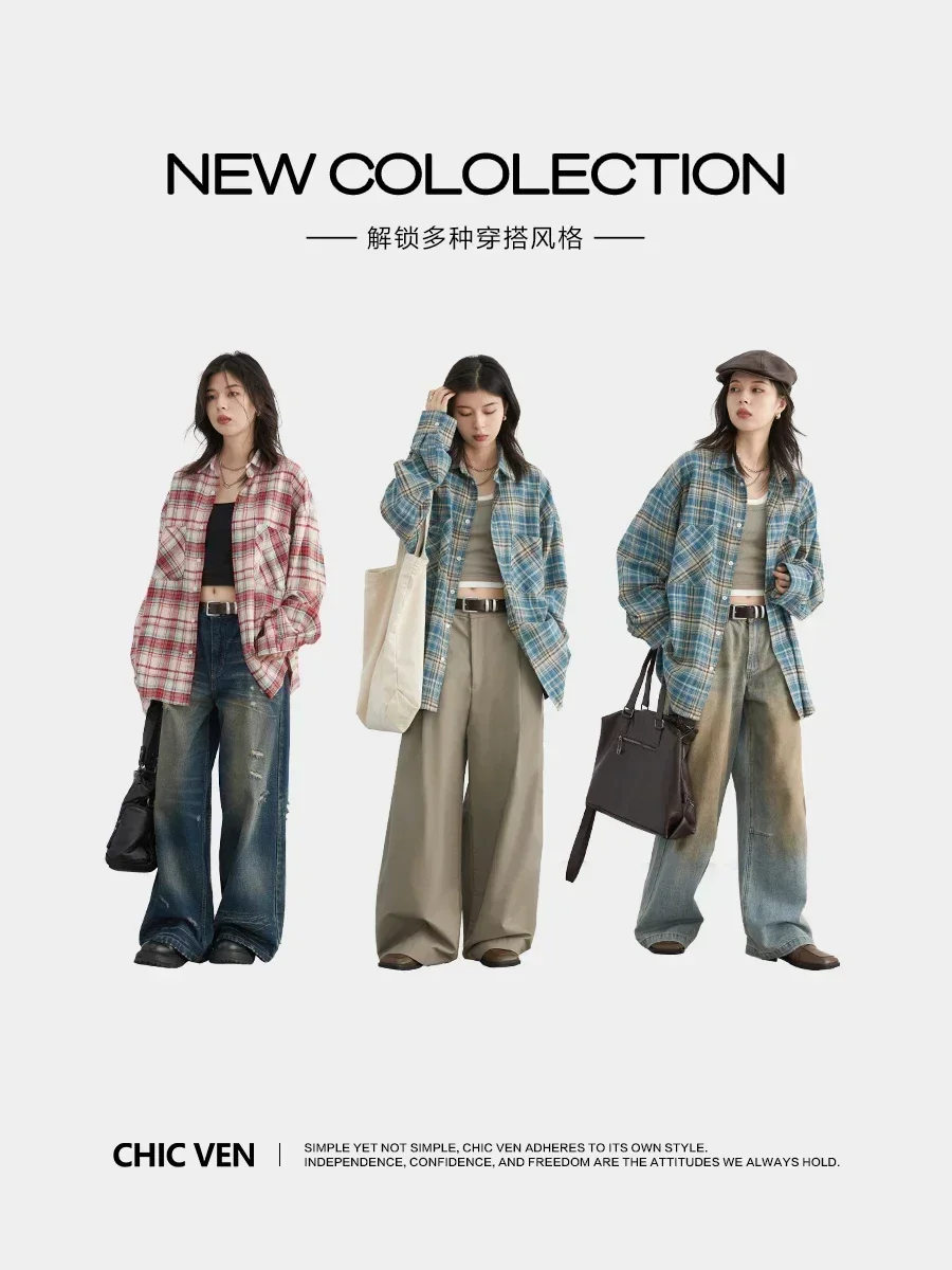 CHIC VEN Women Shirts Retro Casual Turndown Collar Plaid Cotton Tops Fashion Loose Female Blouses Streetwear Spring Autumn 2024