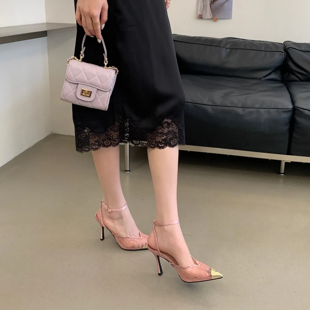 Aneikeh Elegant White Lace Slingback Stiletto Heels Pointed Toe Ankle Strap Buckle Sandals Wedding Party Ladies Dress Pumps