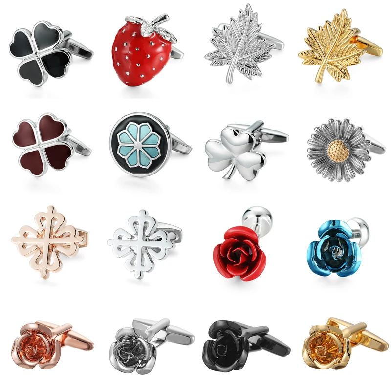 Men\'s French shirt cufflinks copper material strawberry sunflower four leaf clover maple leaf rose design French cuffbutton