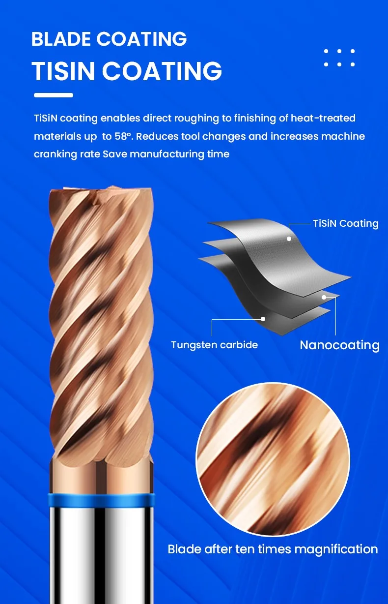 Azzkor 6f fräser farb ring beschichtung wolfram stahl karbid flach boden fräser für cnc mechanische werkzeuge TGB-HRC58 – Detail 7