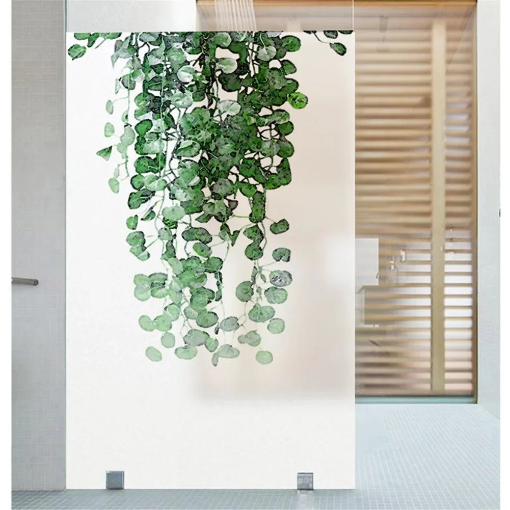 Static Cling Privacy Windows Film Decorative Green Plants Stained Glass Window Stickers   Frosted Windows Film for Home 37