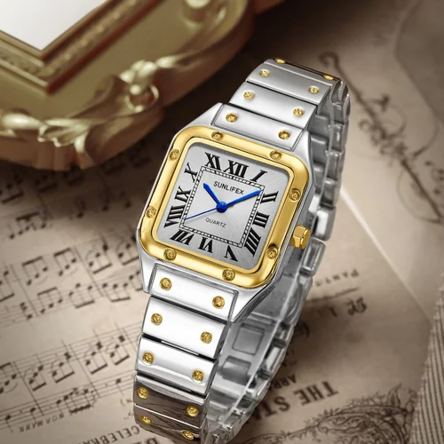 Relojes cuadrados para mujer, reloj de cuarzo para mujer, reloj de pulsera para mujer, correa de bambú de acero inoxidable, reloj informal para mujer, reloj femenino