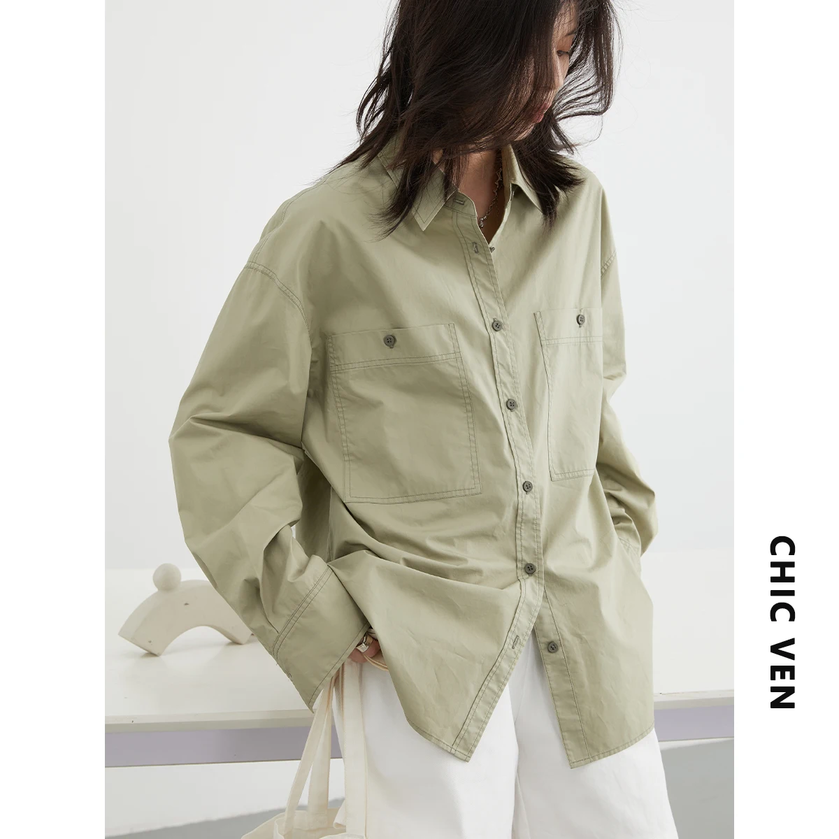 CHIC VEN Women Shirt Solid Long Sleeve New Contrast Line Blouses Double Pocket Top Long Sleeve Layup Shirt  Spring Autumn 2023