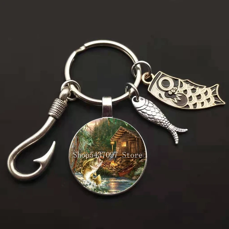 Fashion Fishing Master Keychain Fish Hook Keychain Glass Dome Keychain Fisherman I Love Fishing Fish Pendant Key