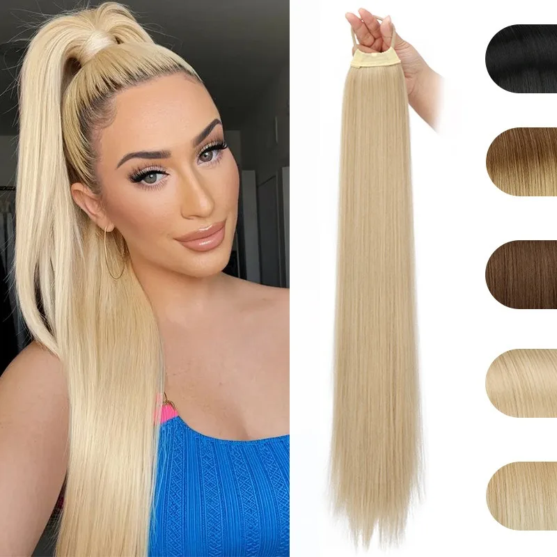Synthetic 28Inch Long Straight Hair Ponytail Band Elasticity Rubber Band Hair Ring Ponytail Hair Extensions for Women