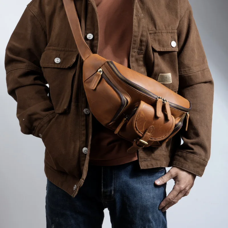 Men's Vintage Full-Grain Leather Waist Pack Crossbody Bag, Crazy Horse Chest Bag for Hiking Travel Outdoor