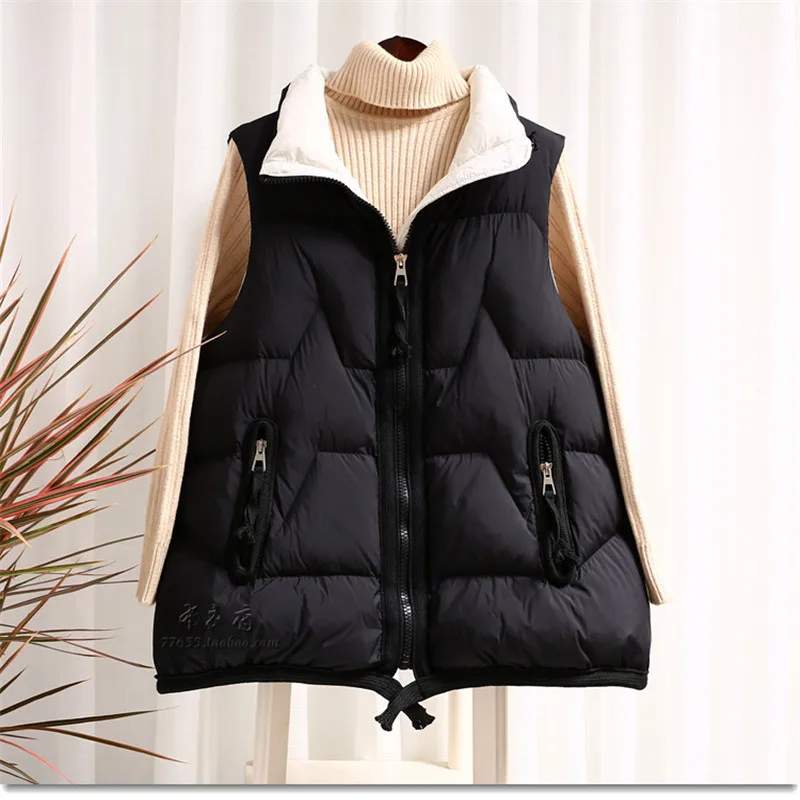 Autumn Winter Women Down Vest Jakcet Warm Light Thin White Duck Down Vest Coat Lady Loose Stand Collar Sleeveless Tank Waistcoat