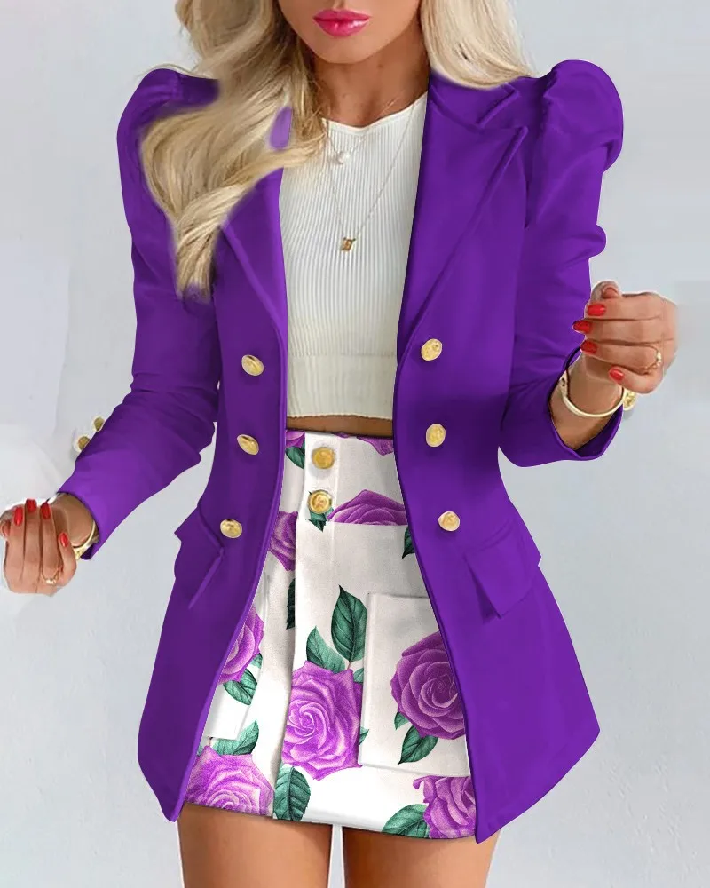 Chaqueta de manga larga con bolsillos y botones para mujer, minifalda con cuello vuelto, traje de dos piezas, conjunto de Blazer, vestido elegante