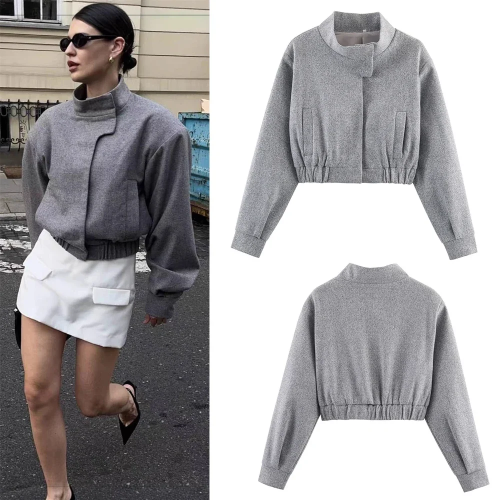 

Women Spring Winter Bomber Jacket New Long Sleeve Solid Short Woolen Coat Cardigan Female Street Vintage Fashion Short Coats