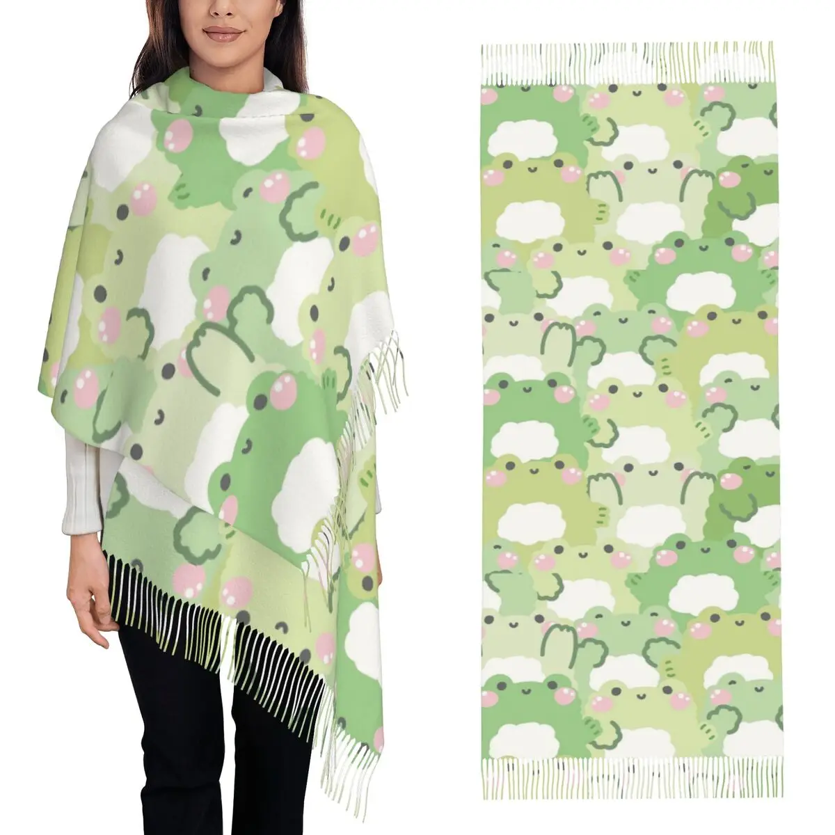 Kawaii Frog Seamless Pattern Cartoon Green Frogs Scarf Tassel Scarves for Women Soft Warm Shawls and Long Fall Winter Shawl Wrap
