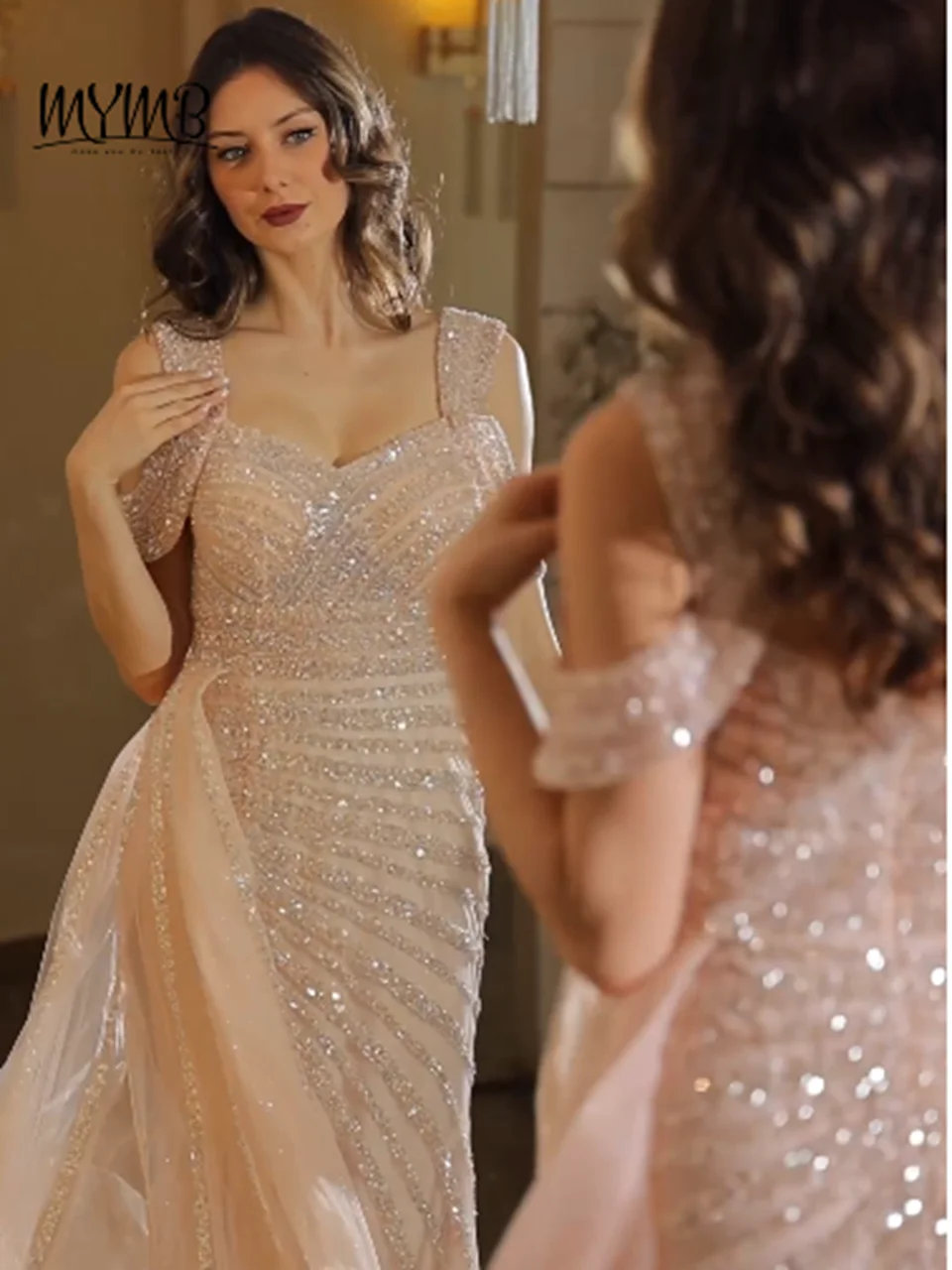 MYMB Off Shoulder Mermaid Arabic Luxury Evening Dresses for Wedding Party Exclusive Beaded Formal Occasion Gowns with Side Train