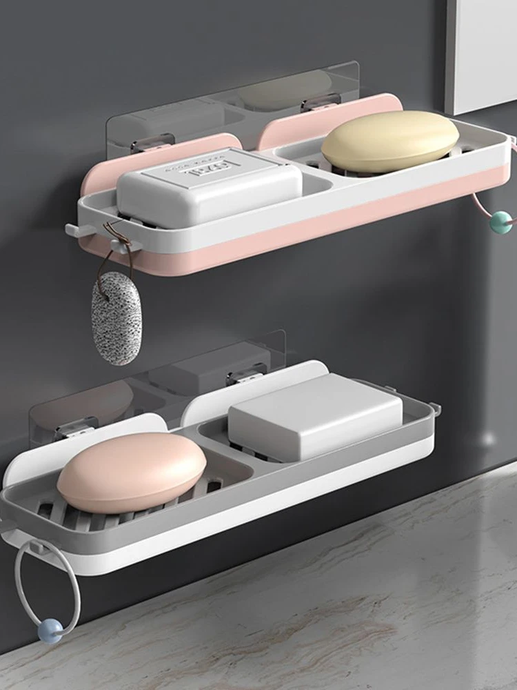 Double-grid Soap Holder Punch-free Drain Rack 4Colors Bathroom Kitchen Soap Dishe Household Self-Adhesive Wall Mounted Soap Dish