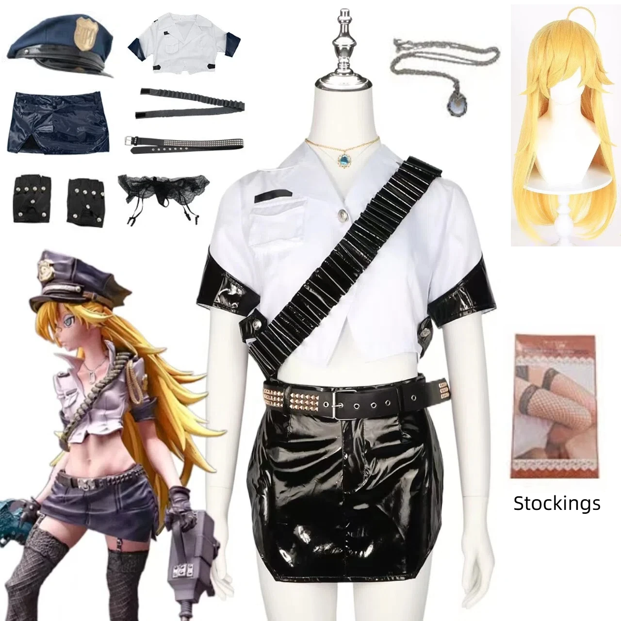 

Anime Panty Stocking Cosplay Costume Sexy Fishnet Stockings Hat Accessories Panty Leather Skirt Police Lady Set Cosplay Outfit