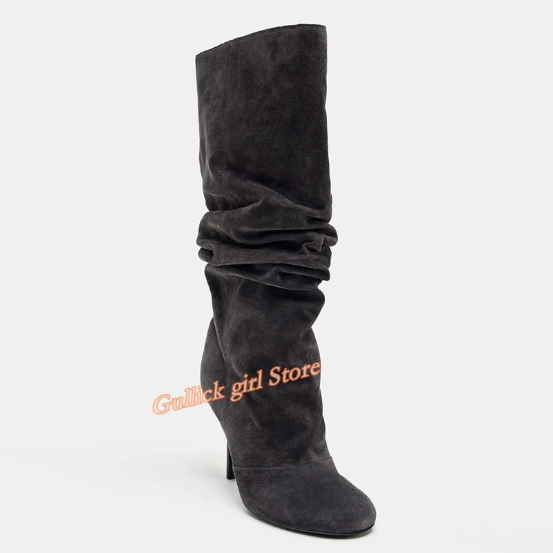 Suede Slouchy Knee High Boots Round Toe Stiletto Thin High Heel Slip On Runway 2026 Winter Autumn Women Fashion Dress Shoes view 5