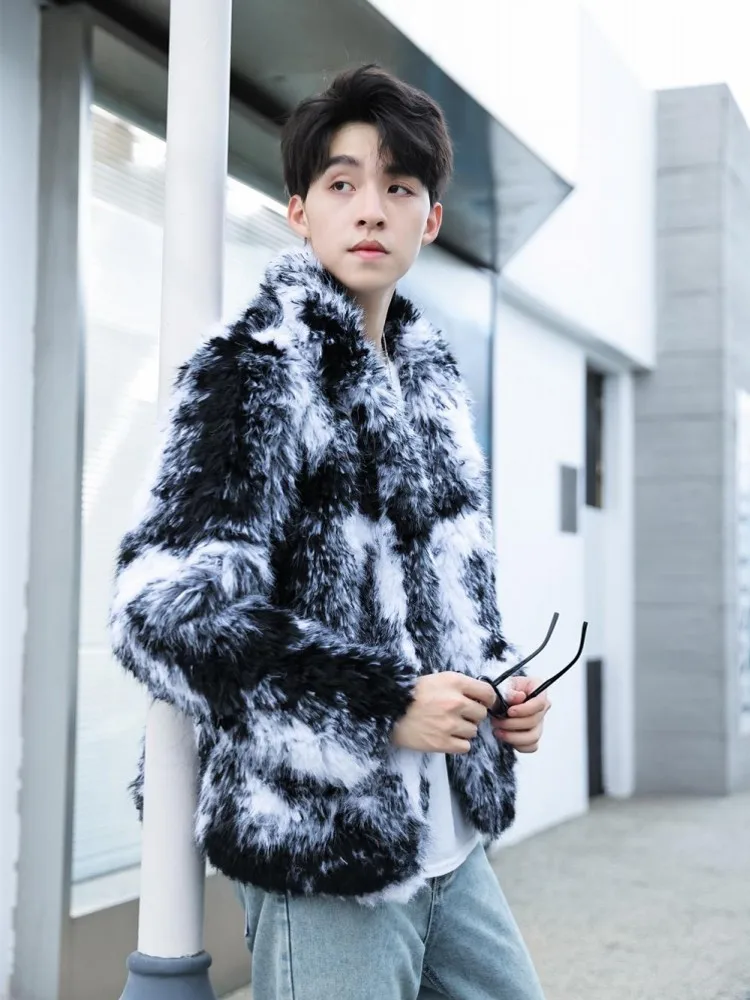 Fashion Men Artificial Fur Jacket Thick Warm Hairy Faux Fur Coat Streetwear Winter Overcoat Chic Colors Mixed Party Downy Coat