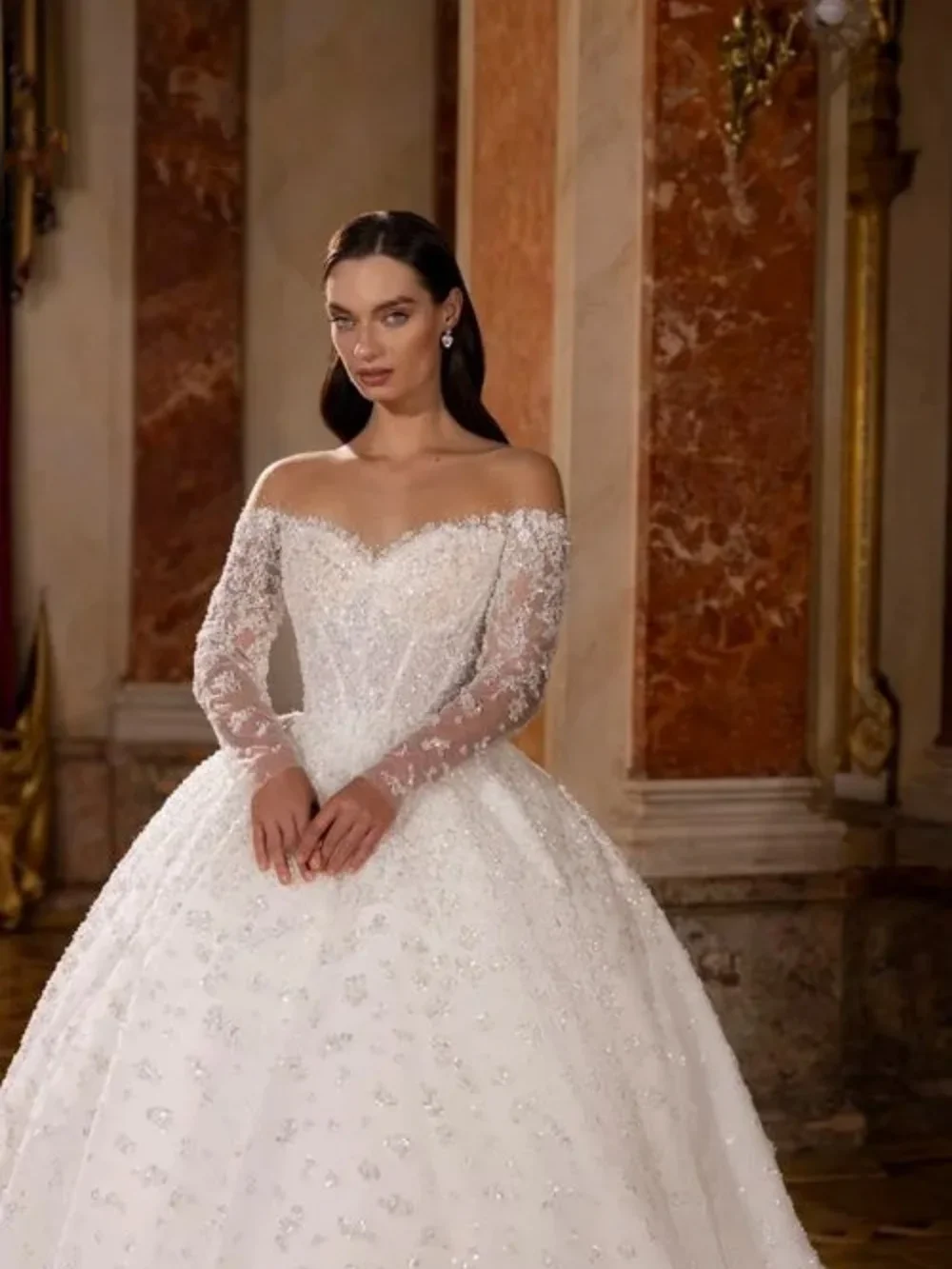 Flavinke Элегантное очаровательное свадебное платье с открытыми плечами по индивидуальному заказу Романтические свадебные платья с длинными рукавами 2025 Блестящее платье трапециевидной формы