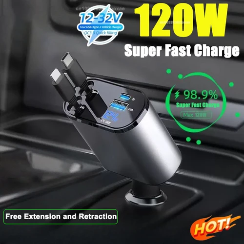 Cargador de coche retráctil 4 en 1 de 120W, Cable tipo C para teléfono móvil para iPhone, Cable de carga rápida, adaptador automotriz para encendedor de cigarrillos