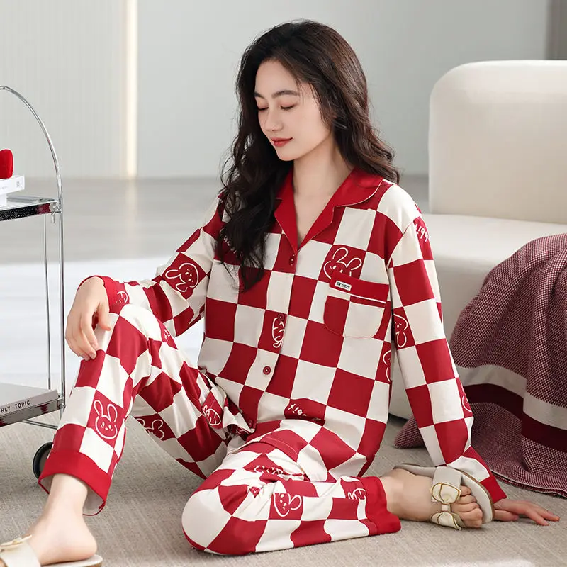 Autumn 2024 New Pajamas Women Spring Pure Cotton Long Sleeve Ladies Red Year of Life Newlywed Home Wear Fashionable beautiful