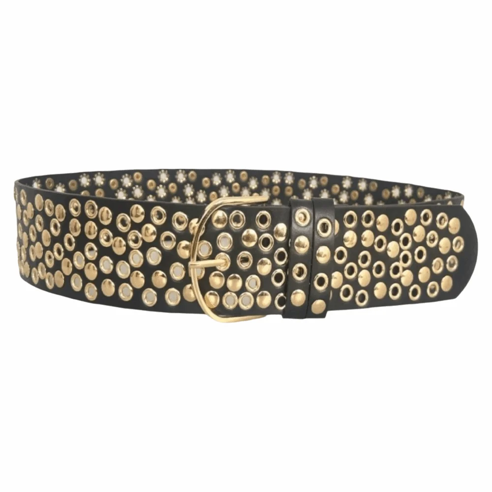 Versatile Rivet Wide Belt Personalized Heavy-Duty Design Punk Studded Belt Adjustable Multiple Holes Retro-style Decorative Belt