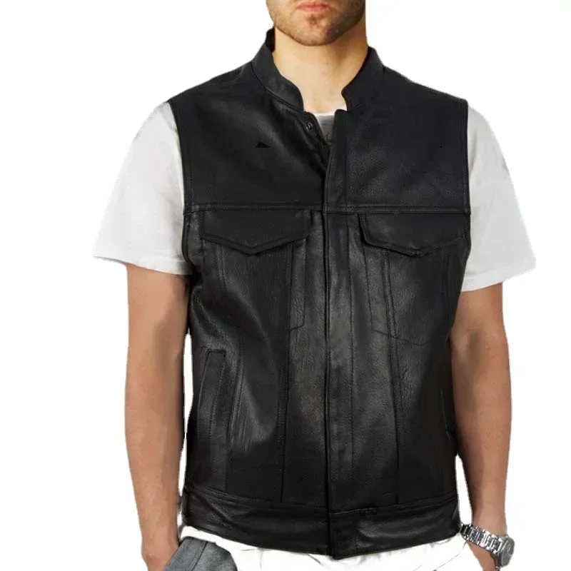 

The Latest Solid Color Vest Motorcycle Standing Collar Leather Vest for Men Pu Leather Coat