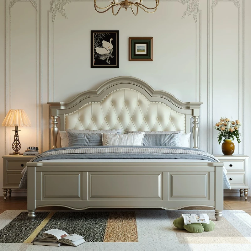 American French Mahogany Solid Wood Double Bed Silver Finish Tufted Top Grain Cowhide King Size Bed for Luxury Master Bedroom
