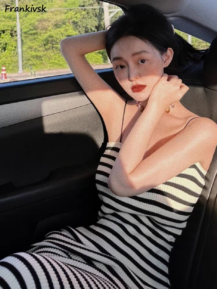 

Women Dresses Slim Sleeveless Striped Holiday Summer Knitting Vintage Fashion Streetwear Sexy Korean Style Breathable All-match