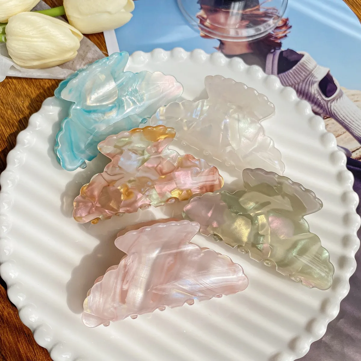 

New Fresh Colorful Sheet Printing Shark Clip French Korean Style Hair Clip Acrylic Ins Hair Claw Hair Accessories for Women Girl