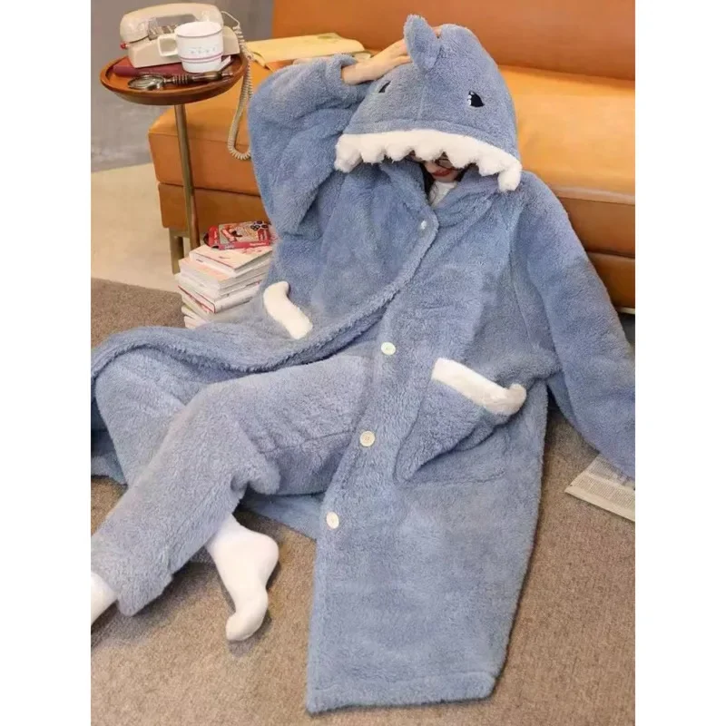 Shark Pajamas Fox Coral Fleece Panda Couple Autumn Winter Warm Nightgown Can Be Worn Externally Women Thick Couple Home Clothes