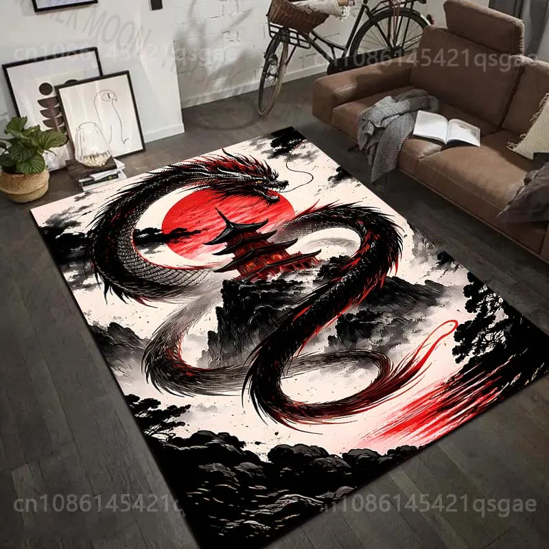 1 Stück Teppich mit Drachenmotiv, der sich um den roten Tempel windet, für Wohnzimmer, Schlafzimmer, Sofa, Fußmatte, Heimdekoration, rutschfeste Bodenmatte