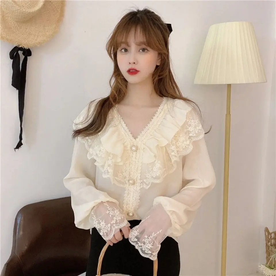 2024 Spring Autumn New Korean Edition Hollow Out Elegant Shirt for Women Long Sleeved V-neck Lace Ruffle Edge Chiffon Top