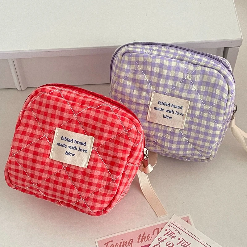 Contrast Color Plaid Women Cosmetic Bag Quilted Cotton Ladies Small Storage Bags Purse Pillow Female Makeup Pouch Case Handbags