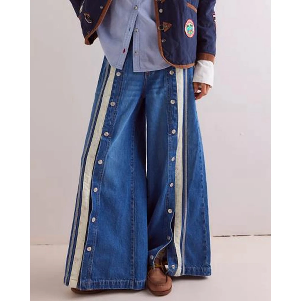 الكورية أزياء خمر المرأة الرجعية شخصية السراويل واسعة الساق اللون كتلة المسامير سبليت الأصفاد الديكور المألوف