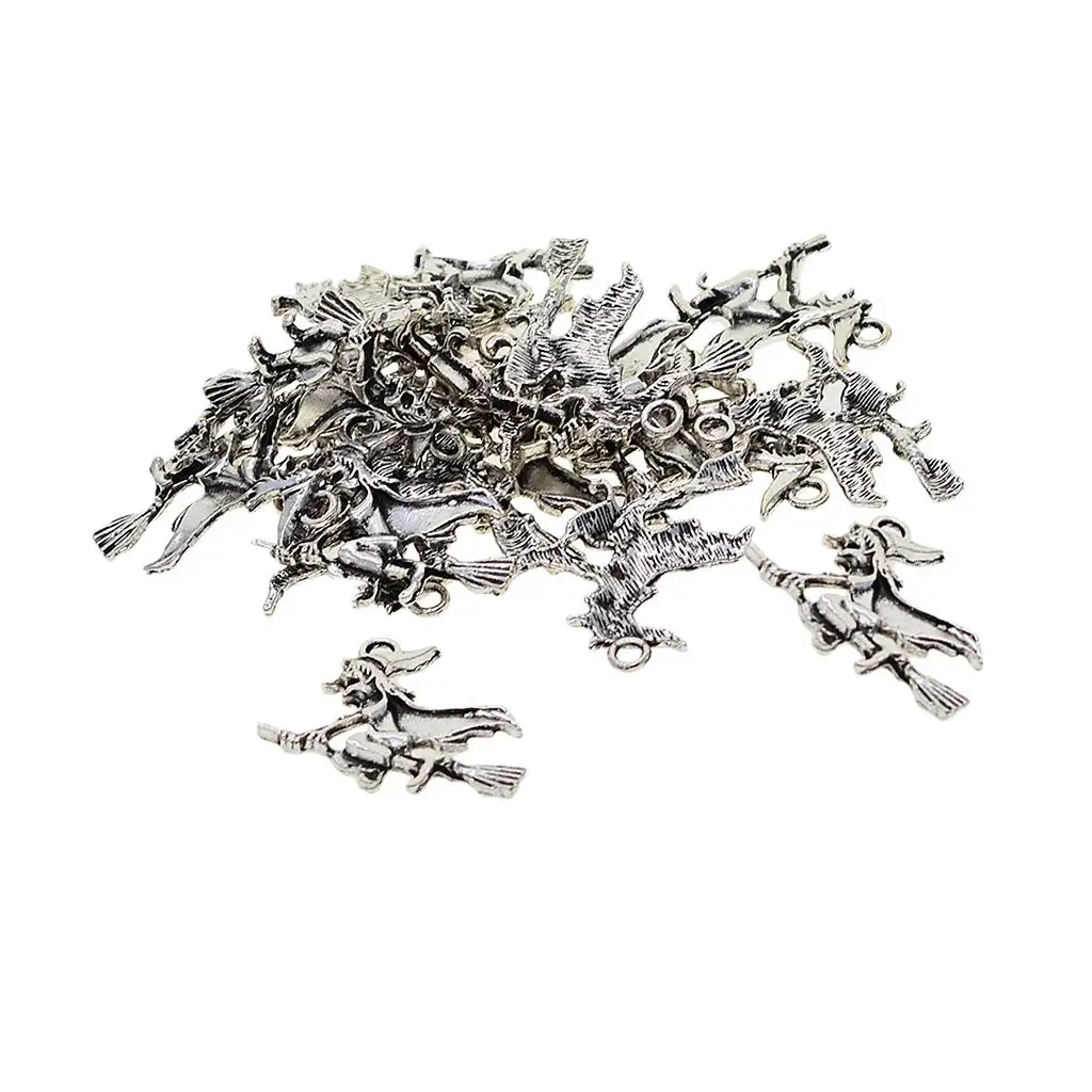 Flying Witch Pendant Tibetan Silver Halloween Charms DIY Jewelry Making Accessories for Necklace Gifts and Women