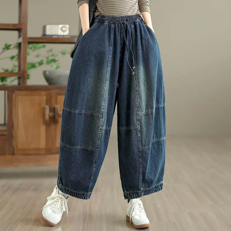 Baggy Jeans Female Fashion Distressed Casual Loose Artistic Harem Pants Retro Drawstring Elastic Waist Streetwear Women Clothing