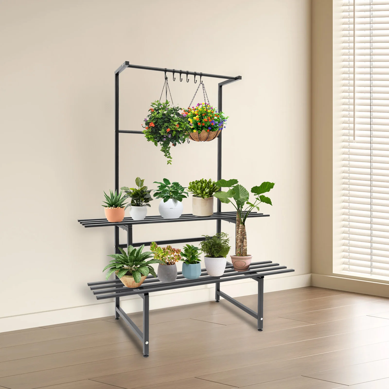 2 Tier Plant Stand with Hanging Rods Metal Plant Holder Plant Stand Tall Plant Stand 2-Layer Flower Pot Holder Display Rack