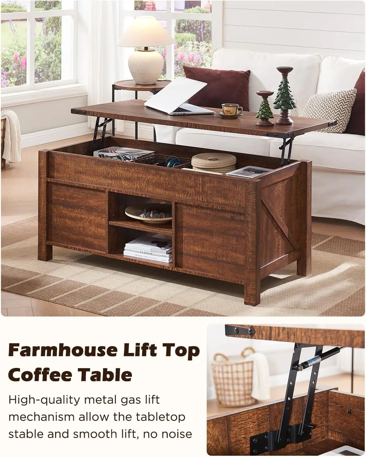 OKD-Farmhouse Lift Top Coffee Table com deslizante porta de celeiro, mesa central rústica, compartimento de armazenamento escondido, 48"