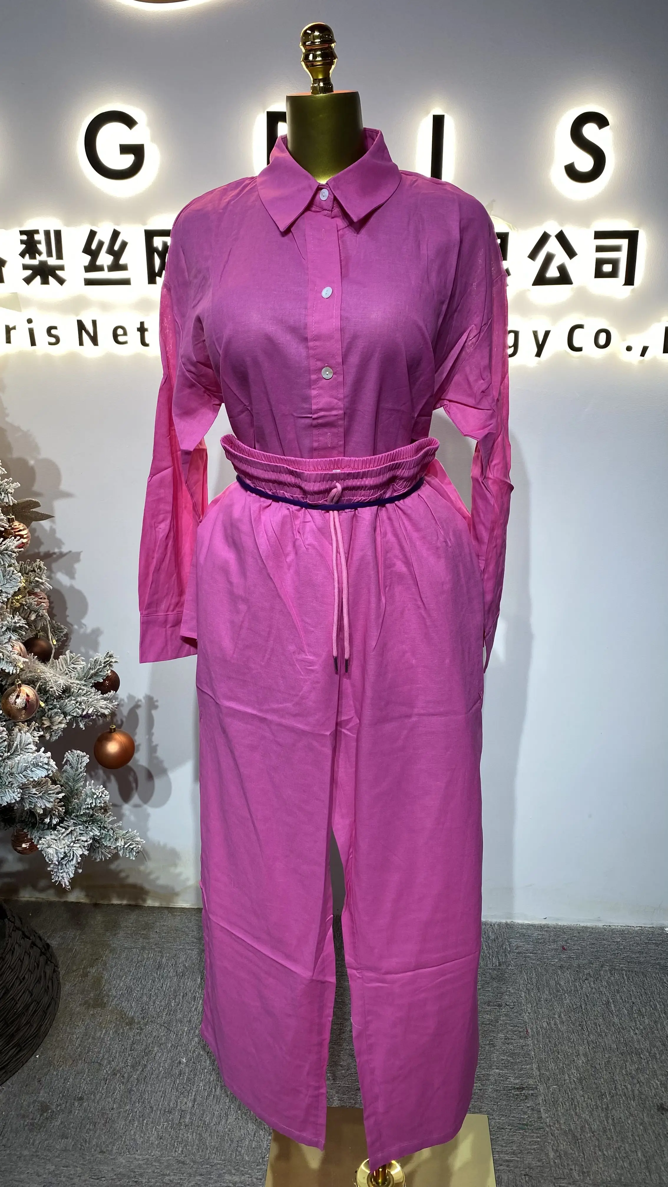 European-style casual and elegant long-sleeved shirt dress with halter waist for women.-GZXX247