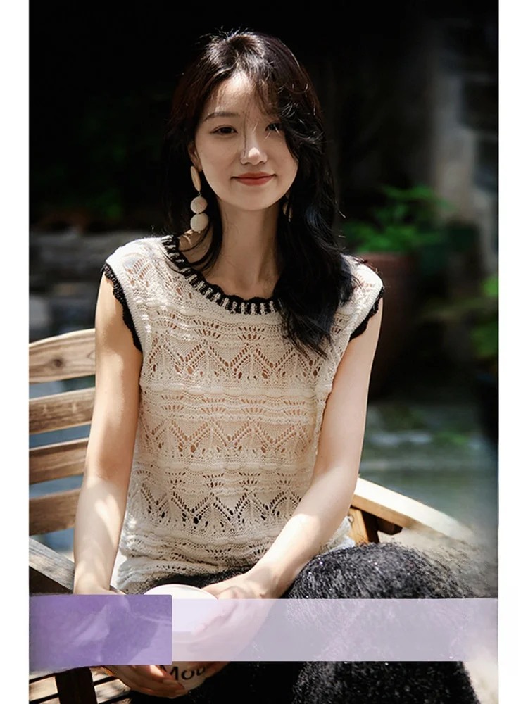 

XiaoHanGe Design Hollow out Knitted Vest Svel round Ne No Sve Knitted Top Commute Sle OL Faion Hollow Hook Flower