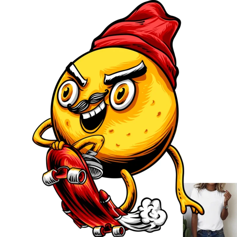 Trendy Funny Skateboarding Lemon Man Heat Transfer White Ink Iron - on Patch, Casual Style, Suitable for T - shirts, Canvas - zdjęcie 1